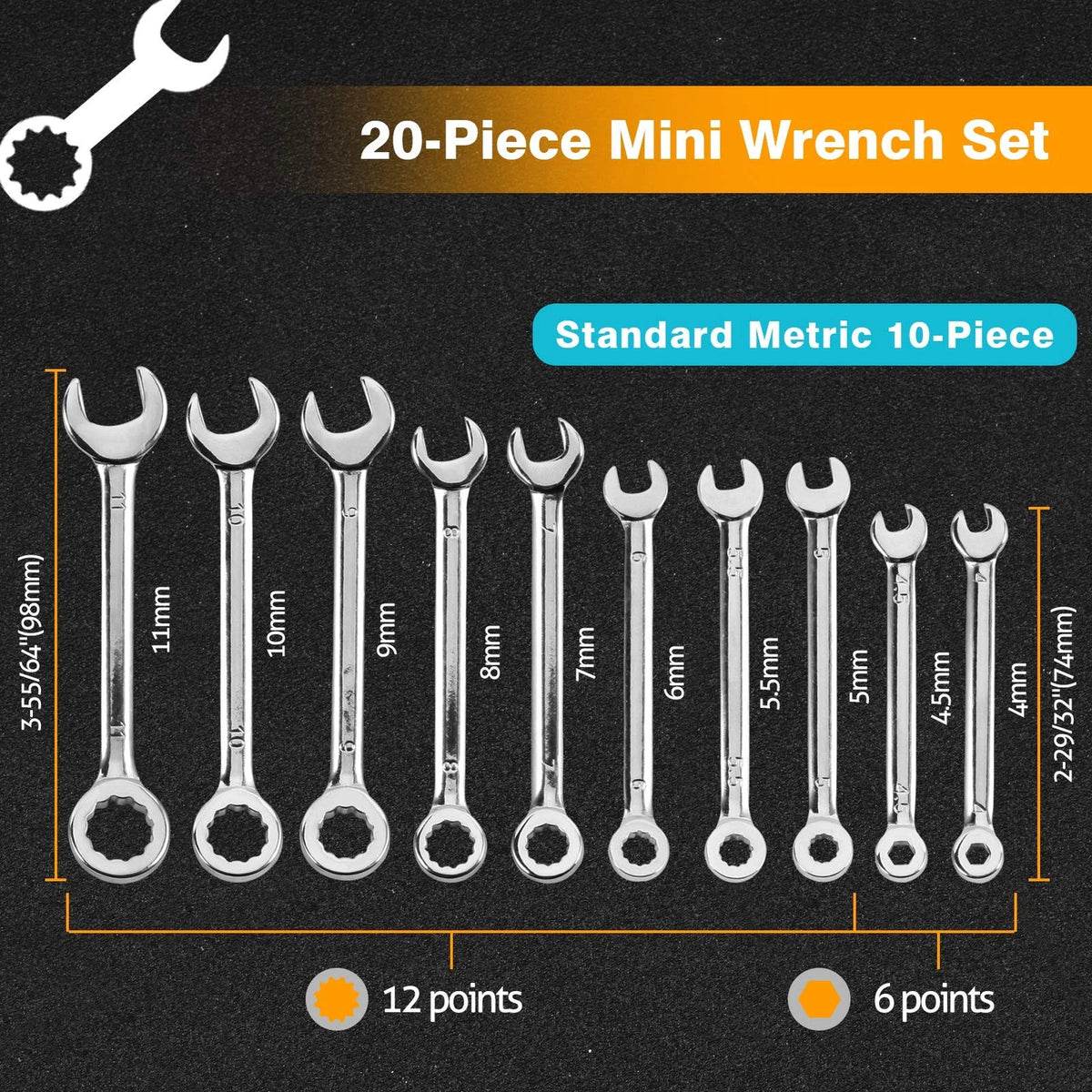 20-Piece Mini Combination Wrench Set for Automotive Use
