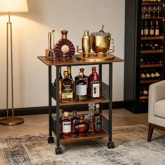 Mobile 3-Tier Serving Cart with Lockable Wheels for Home Use