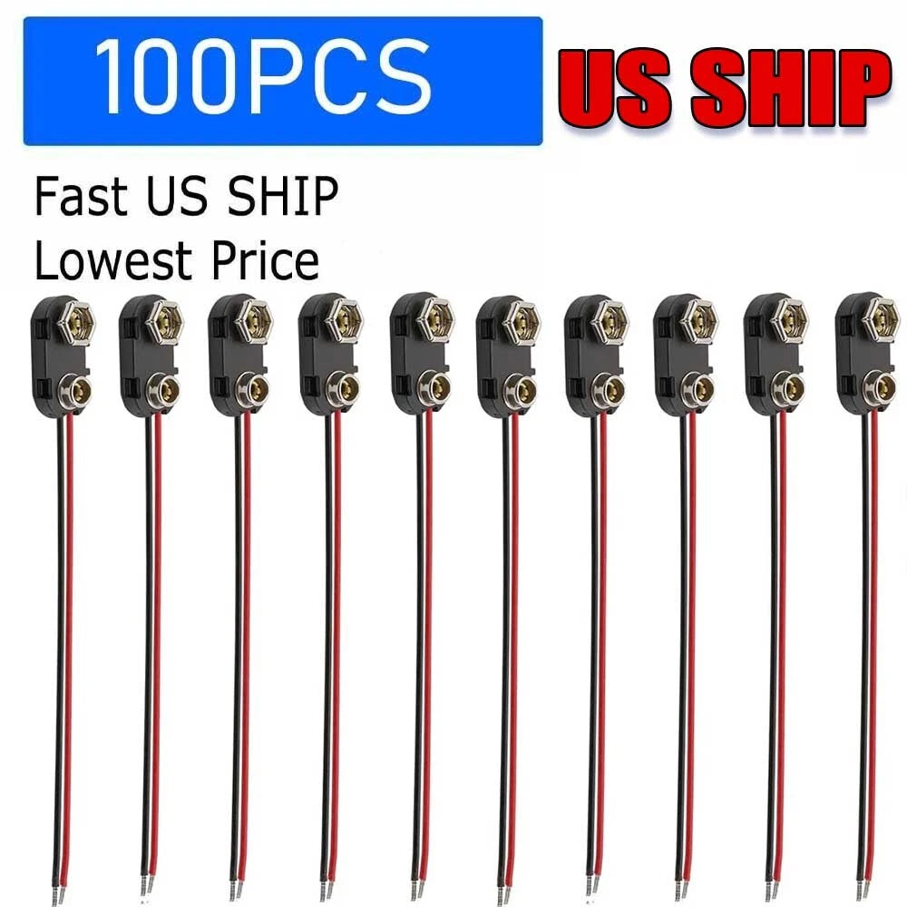 100pcs 9V Battery Connector Snap Clip with 15cm Wire Lead Holder