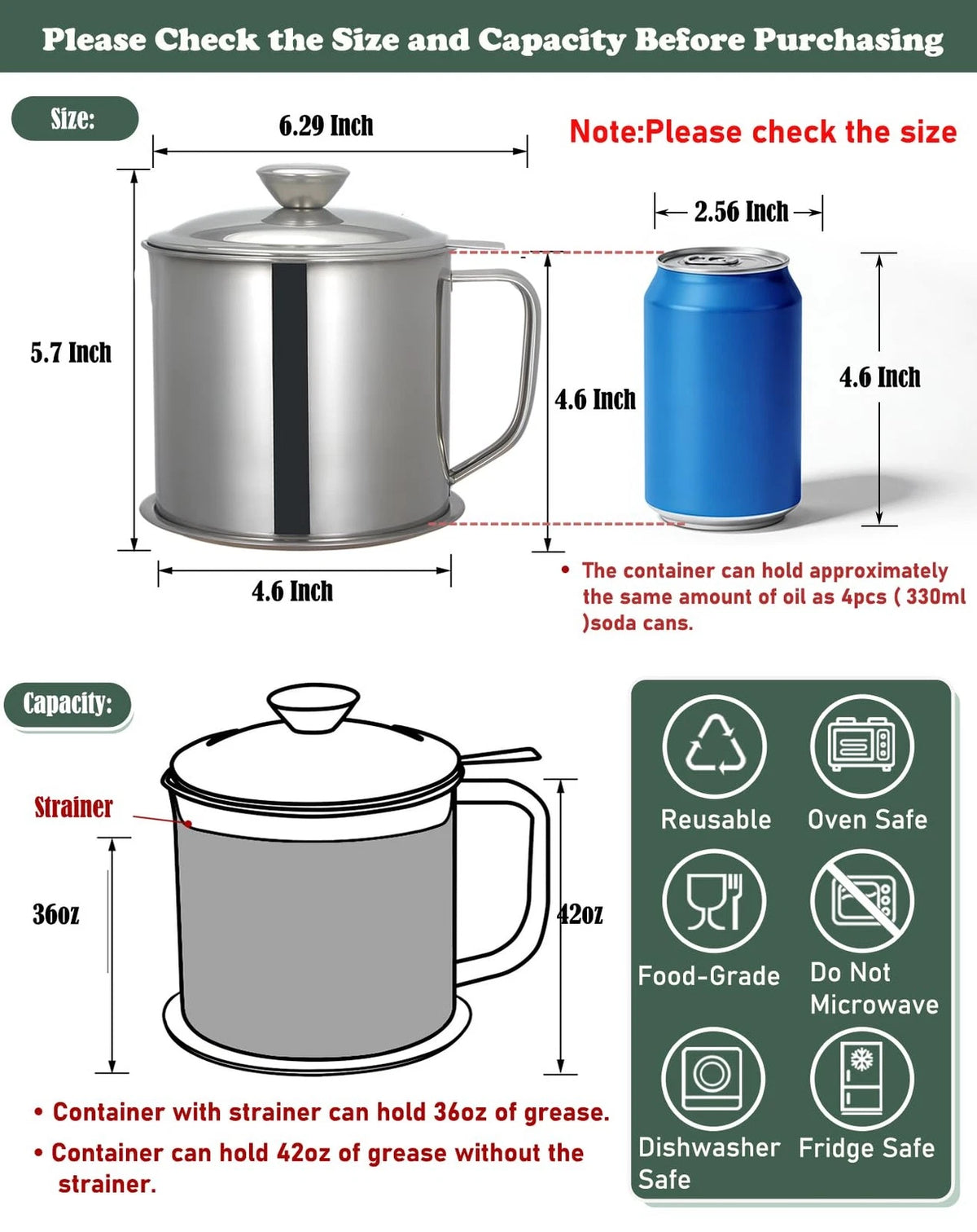 Bacon Grease Container with Strainer for Kitchen (1.25 L / 42 oz)