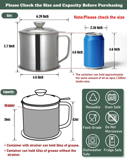 Bacon Grease Container with Strainer for Kitchen (1.25 L / 42 oz)
