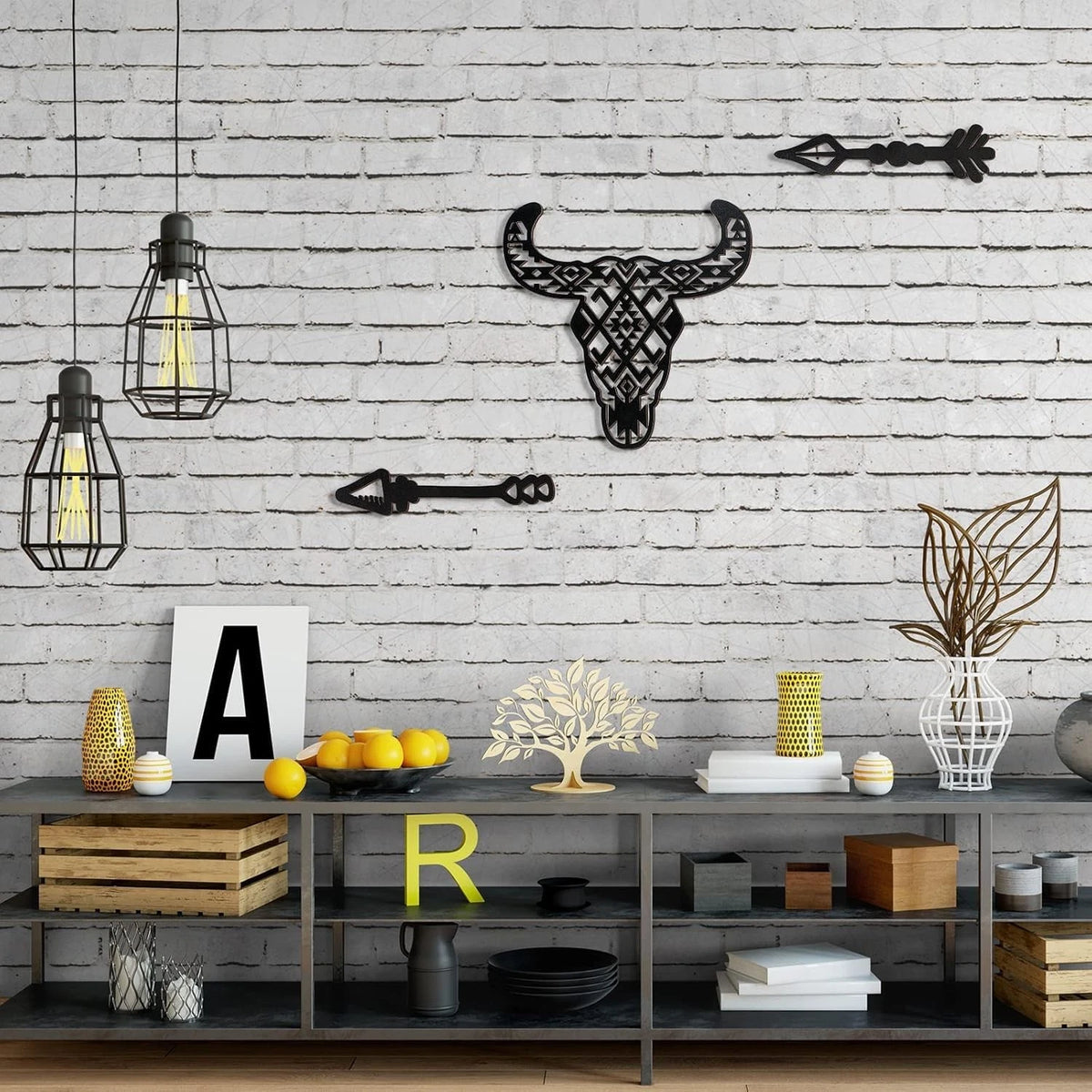 3X Wooden Bull Skull Wall Decor for Western Home (12")