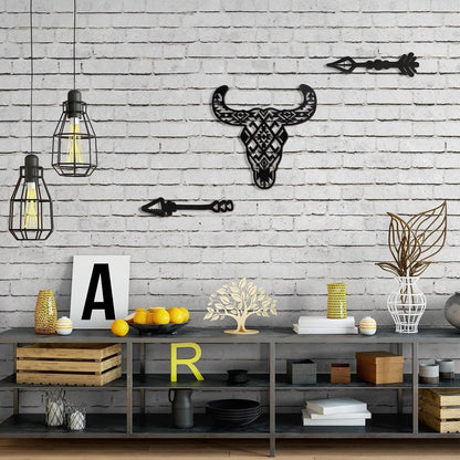 3X Wooden Bull Skull Wall Decor for Western Home (12")