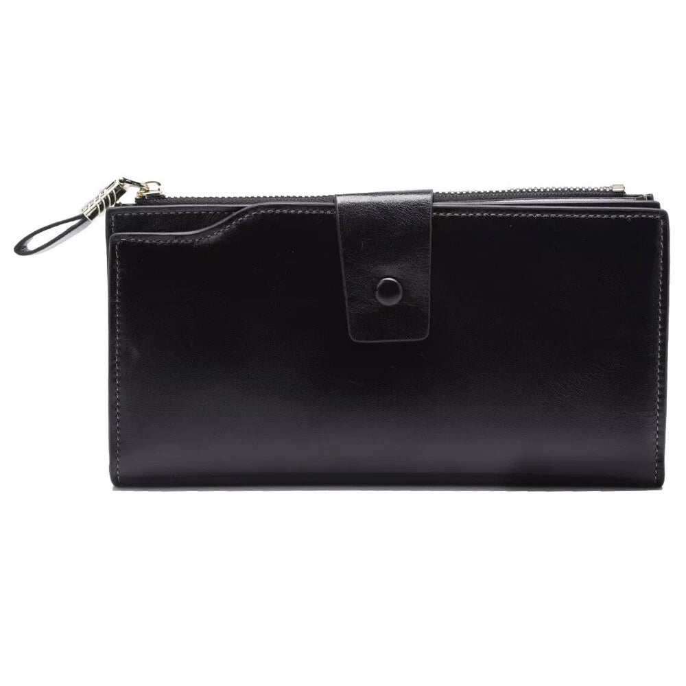 Leather Long Wallet for Women - RFID Blocking, Black