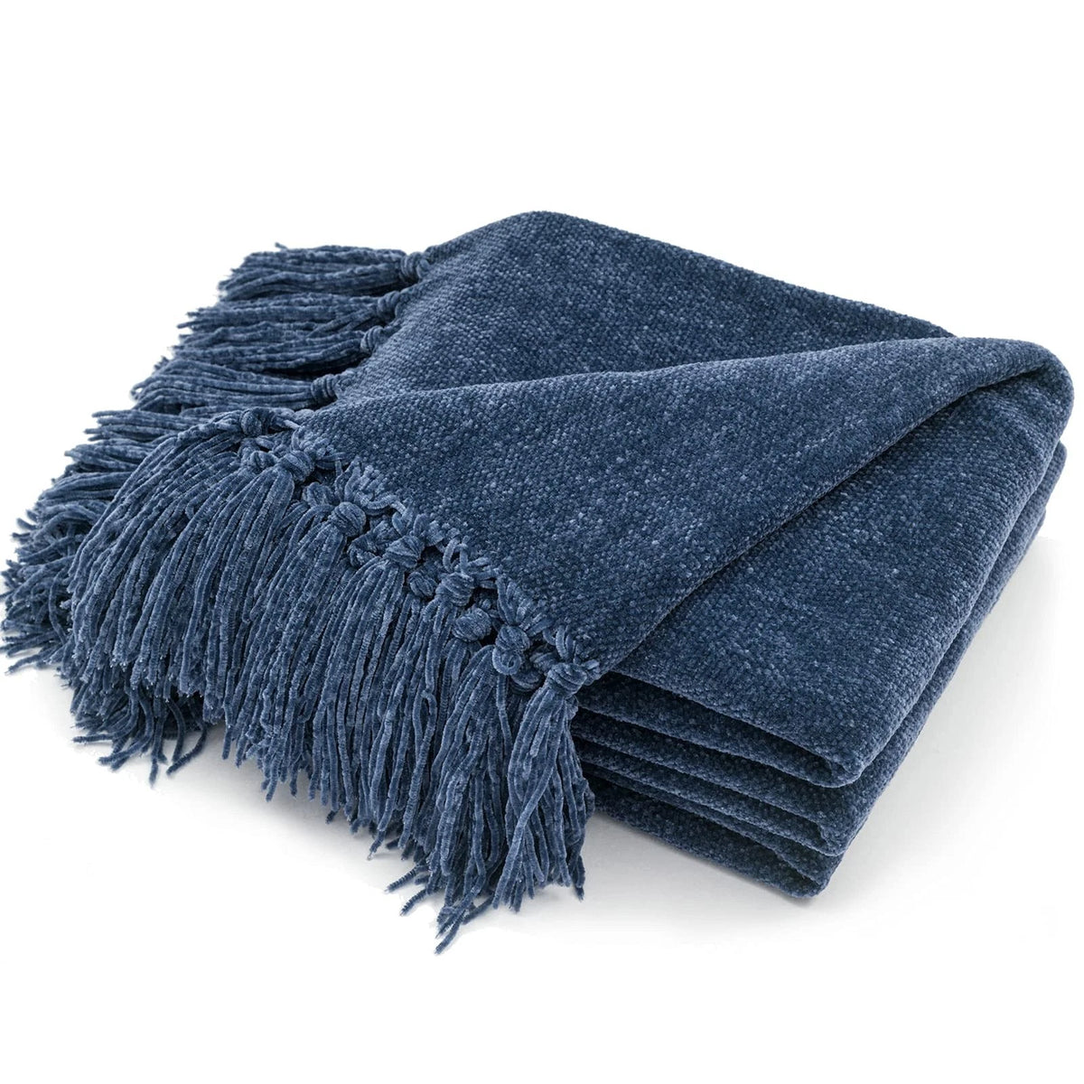 50x60 Inch Blue Soft Cozy Chenille Throw Blanket with Fringe Tassel