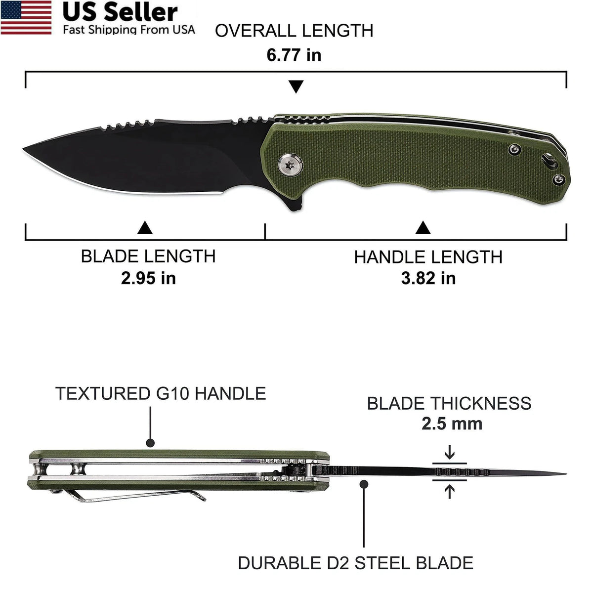 Folding Pocket Knife with 3.15" D2 Steel Blade & Non-Slip G10 Green