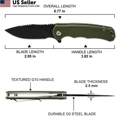 Folding Pocket Knife with 3.15" D2 Steel Blade & Non-Slip G10 Green