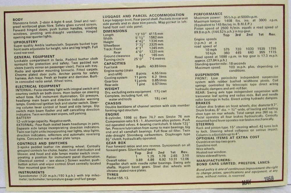 Sales Folder for 1968 Bond Equip 2-Litre GT