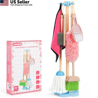 Kids Cleaning Set for Toddler (Wooden Broom, Pink)