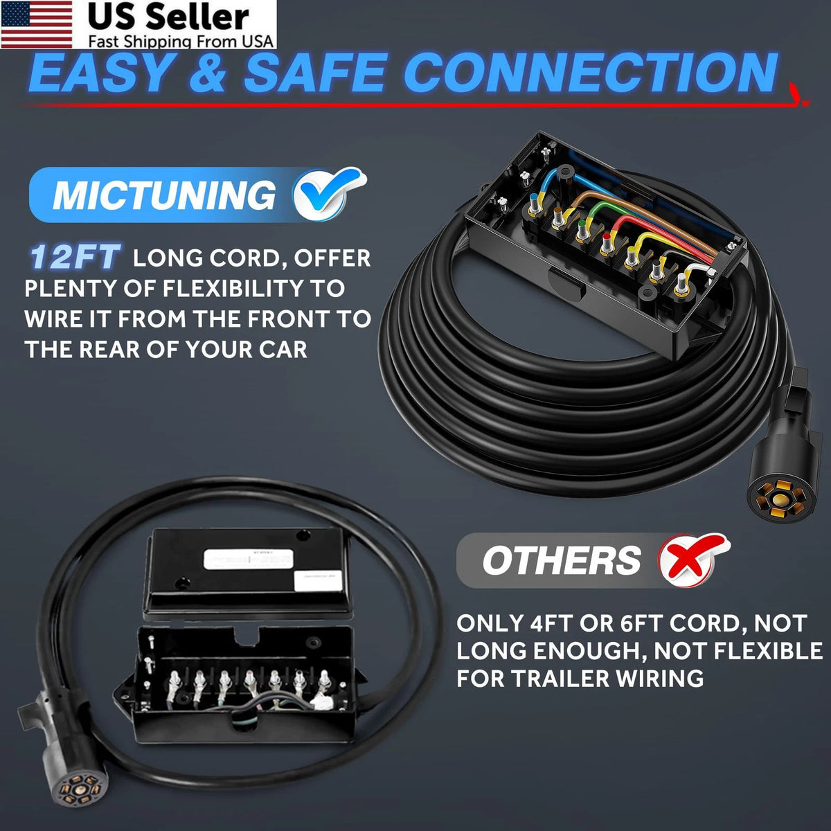 7 Way Plug Inline Trailer Cord for MICTUNING (12FT)