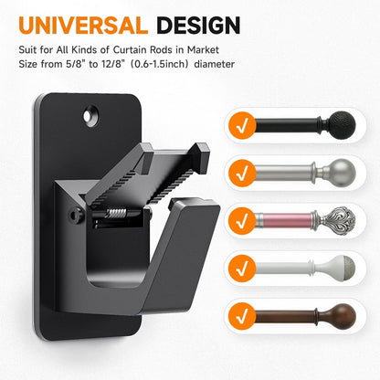 Universal Curtain Rod Holders, No Drill Brackets, Set of 2, Black
