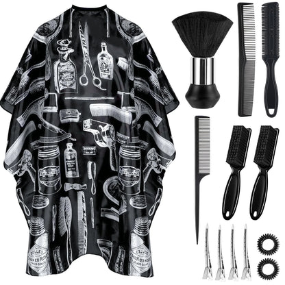 13-Piece Barber Cape Set with Neck Duster Brush, Adjustable Black 63"x55"