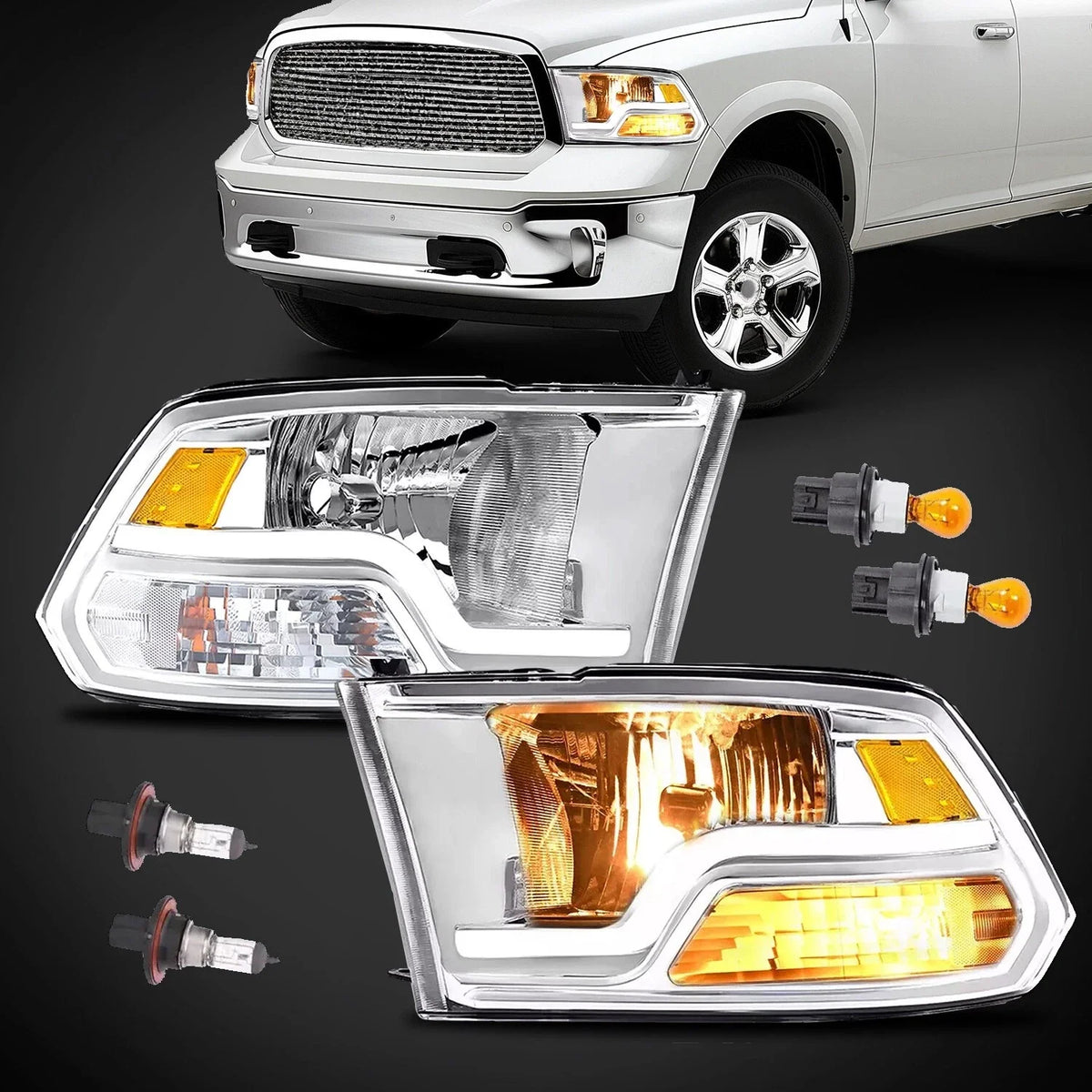 Pair of Sequential LED DRL Headlights for 2009-2018 Dodge Ram 1500 2500 3500