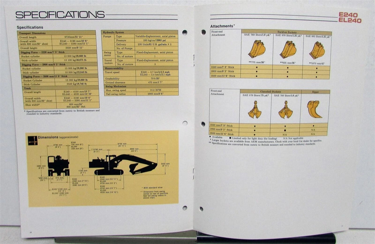 Excavator Specifications Brochure for Caterpillar E240 EL240 (1988)