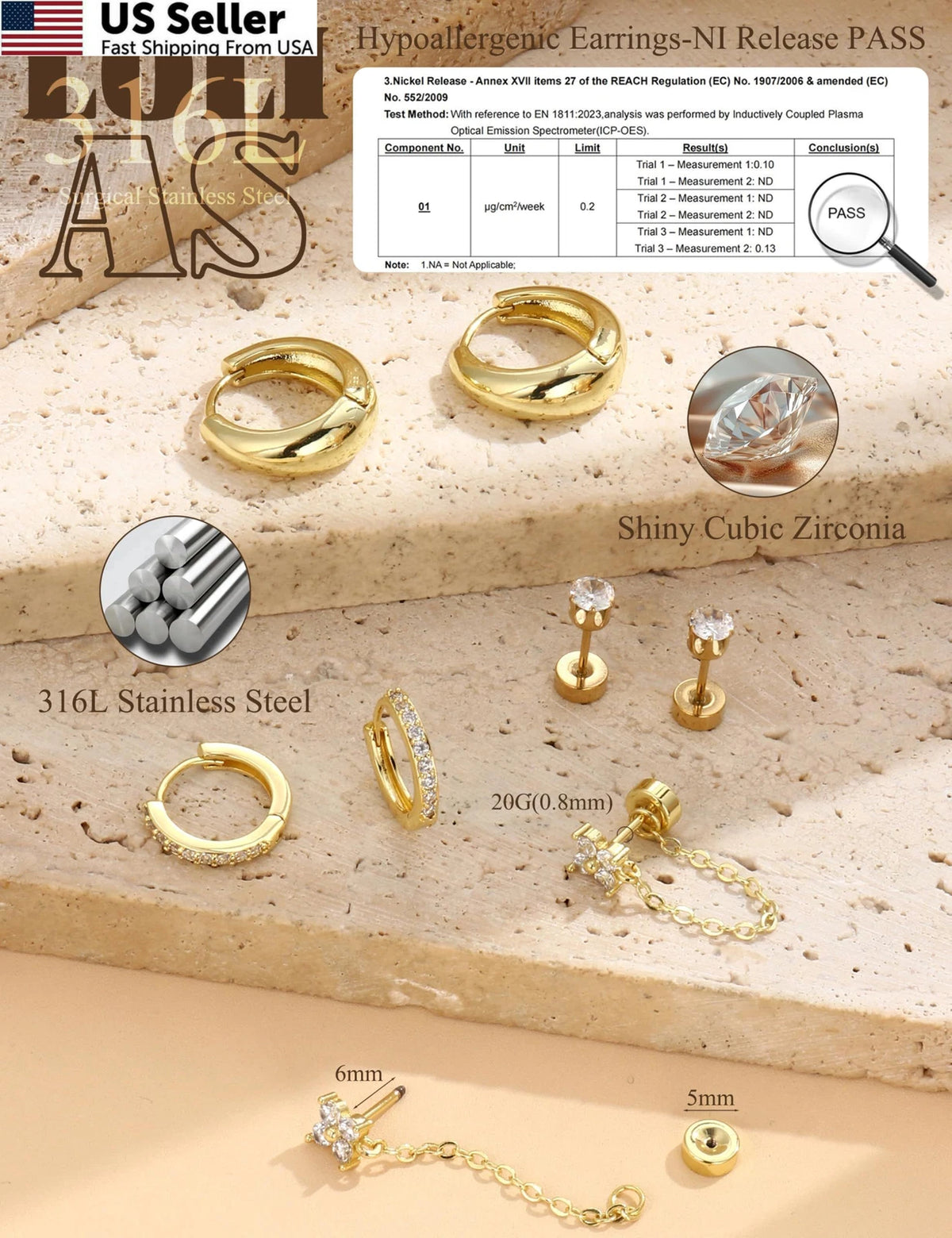Flat Back Earrings for Women - 14K Gold Plated, Multiple Sizes