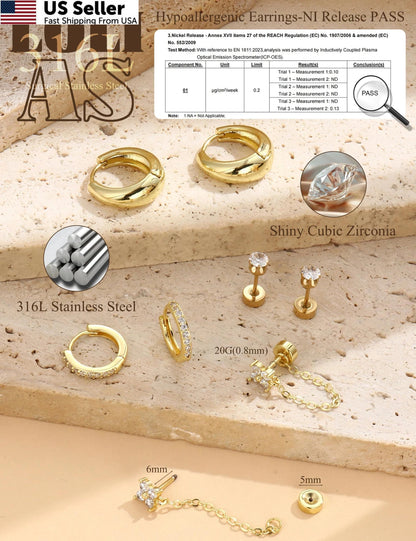 Flat Back Earrings for Women - 14K Gold Plated, Multiple Sizes