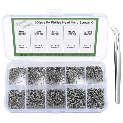 1200 Pcs Mini Screw Kit for M1/M1.2/M1.4/M1.7 Micro Phillips Head