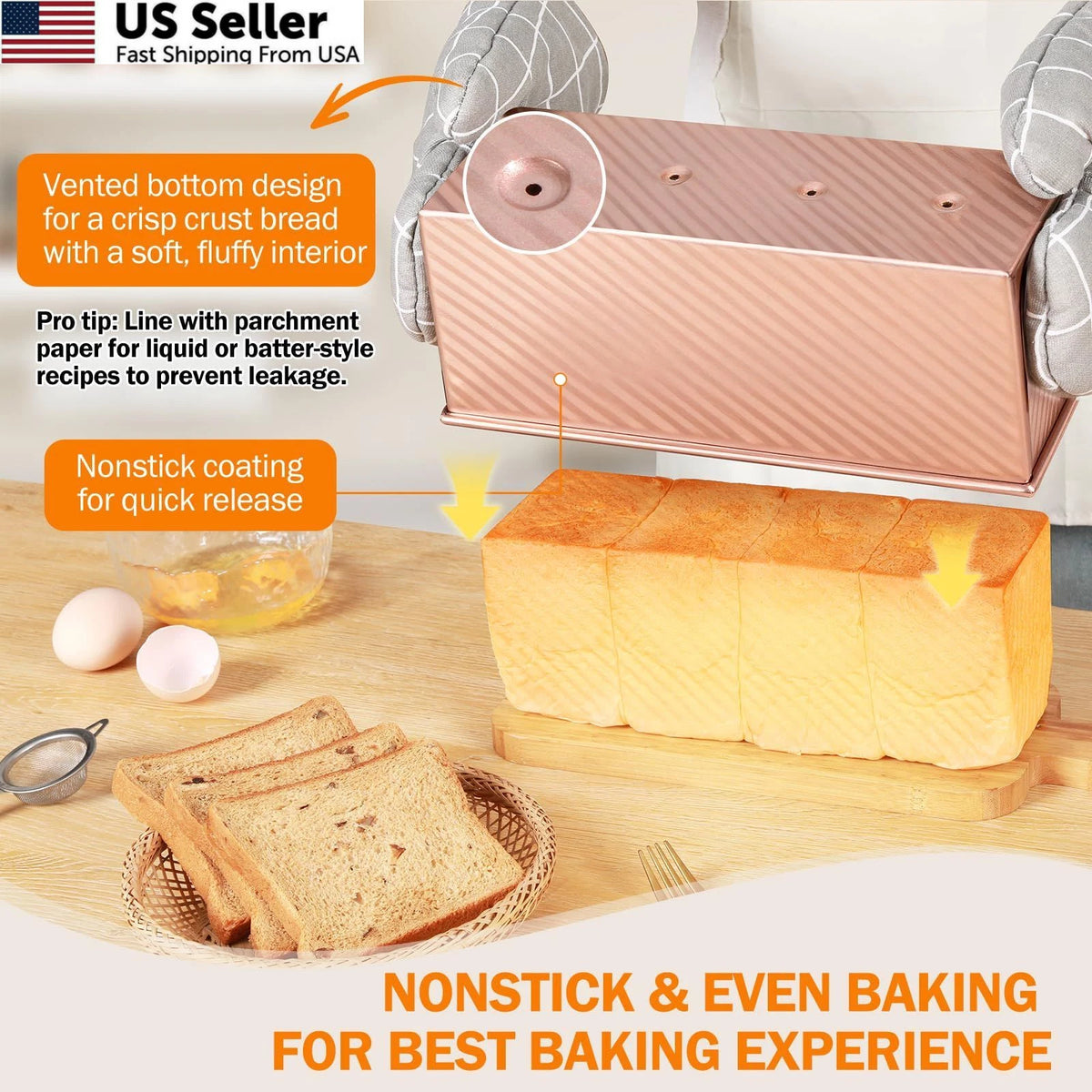 13x4 Inch Pullman Loaf Pan with Lid for Baking (Premium Rose Gold)