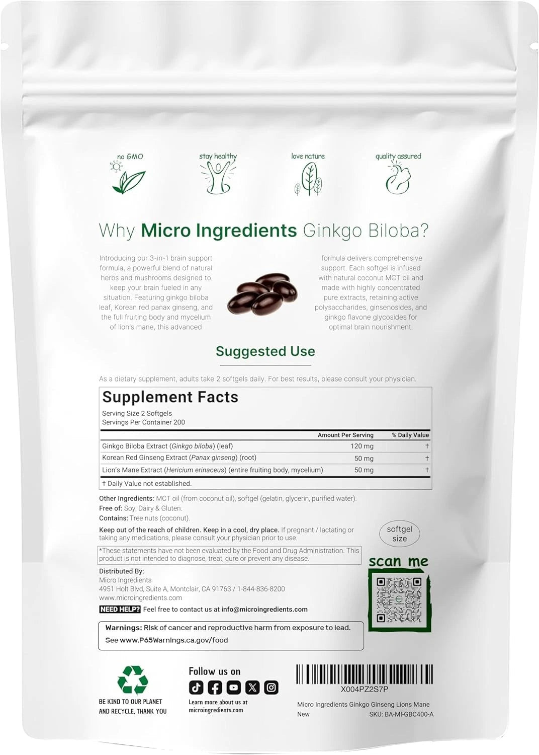 Micro Ingredients Ginkgo Biloba & Ginseng Softgels (400 Count)
