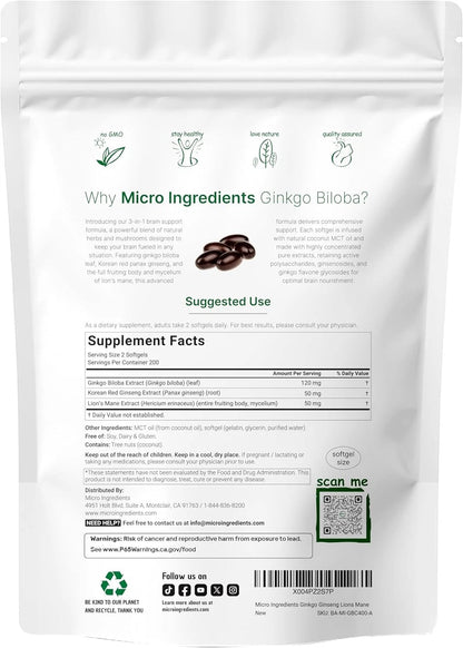 Micro Ingredients Ginkgo Biloba & Ginseng Softgels (400 Count)