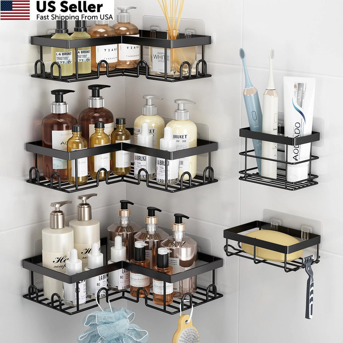 5 Pack Corner Shower Caddy - Rustproof Stainless Steel, Black