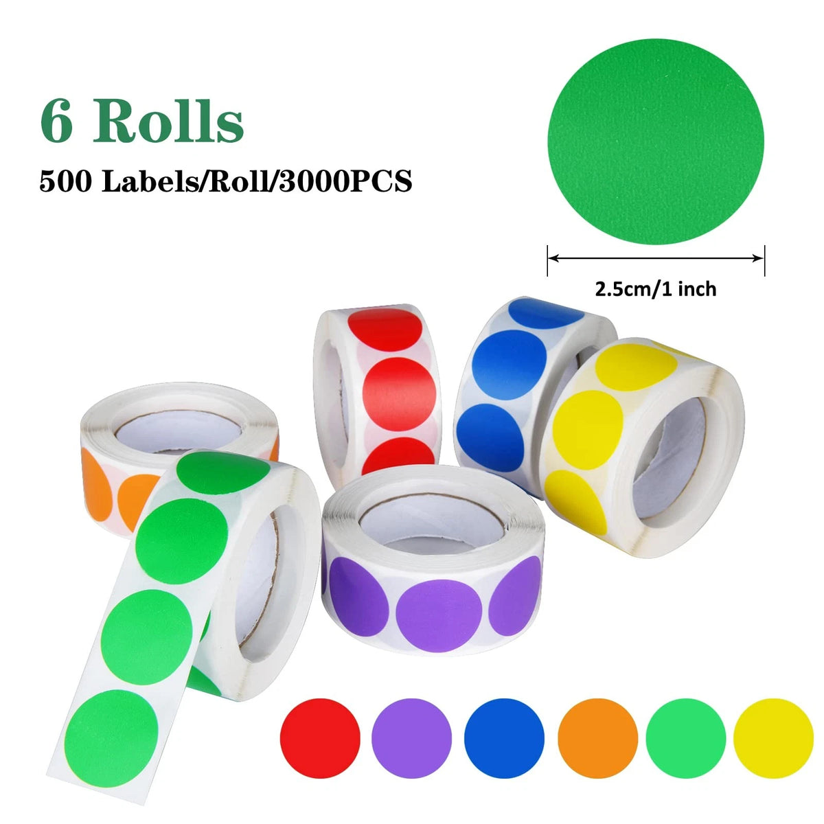 1 Inch Dot Stickers - 3000 Pieces - 6 Colors Color Code Circles