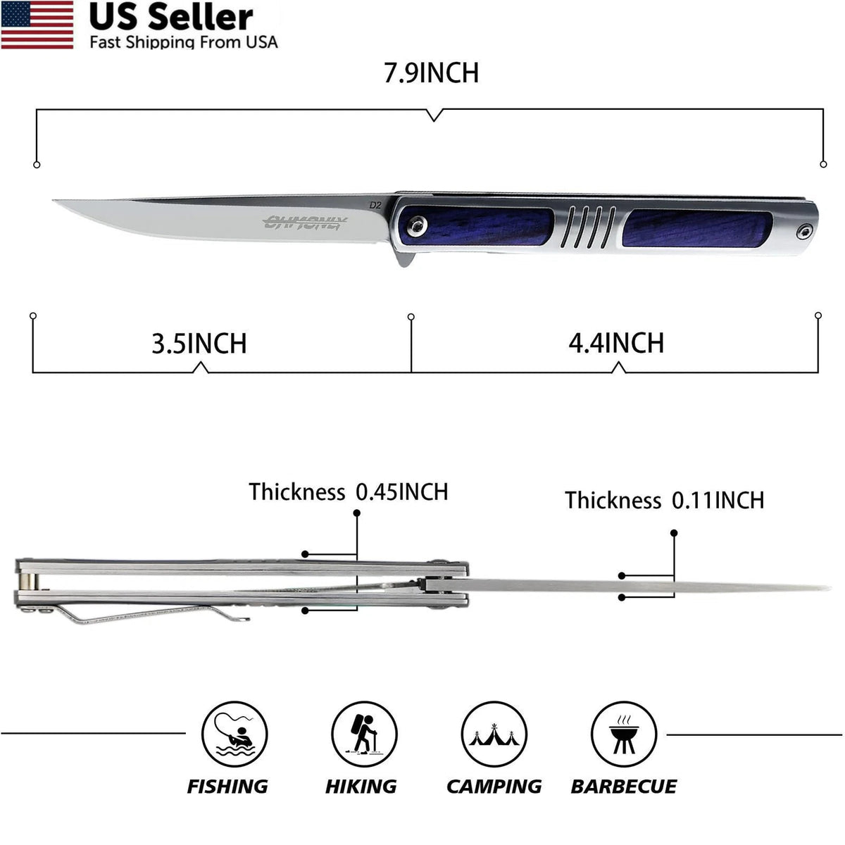 Folding Knife for Men 3.5 Inch Pocket Knife - Blue and Silver