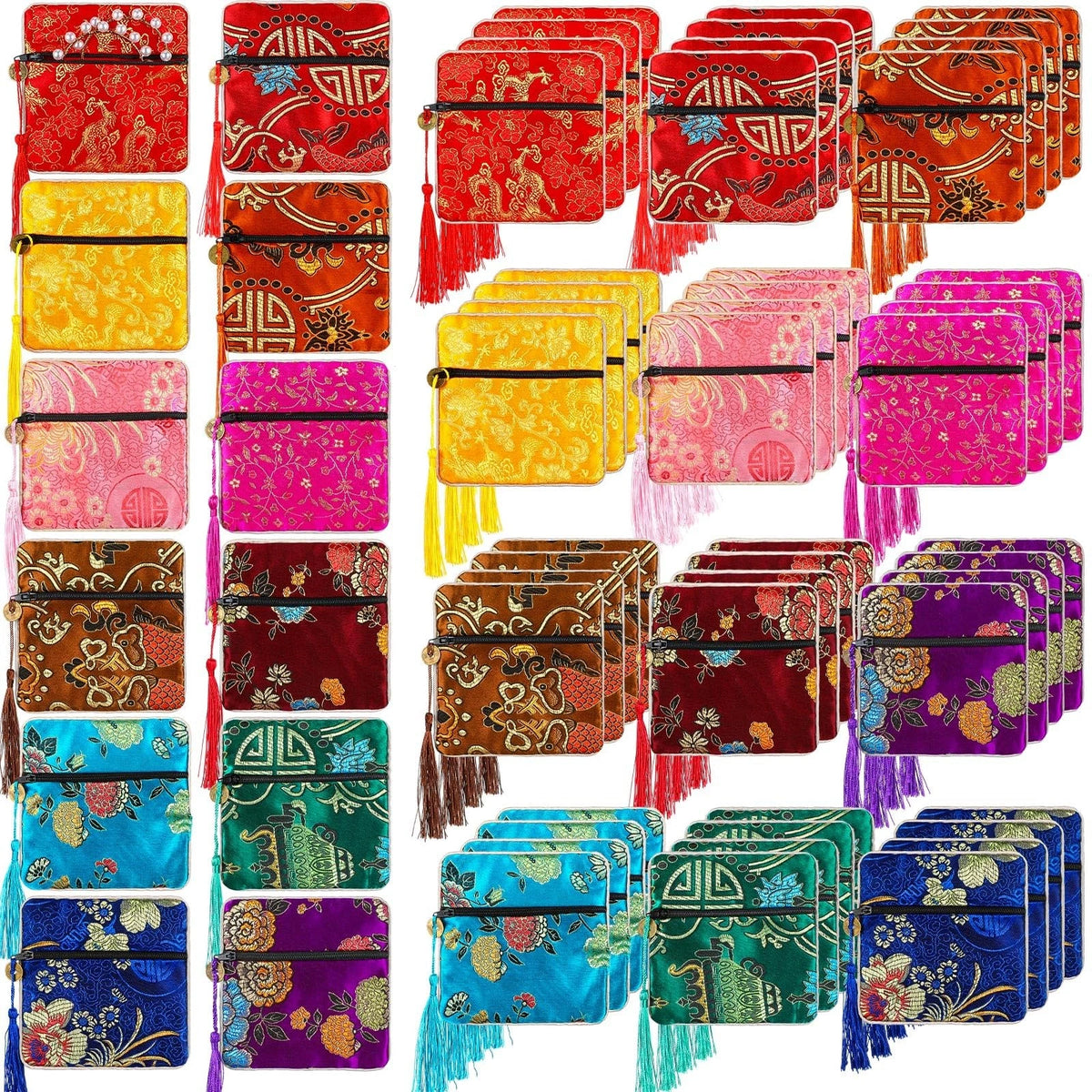 50 Pcs Silk Purse Pouch Gift Bags Bulk, Chinese Brocade Style