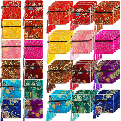 50 Pcs Silk Purse Pouch Gift Bags Bulk, Chinese Brocade Style
