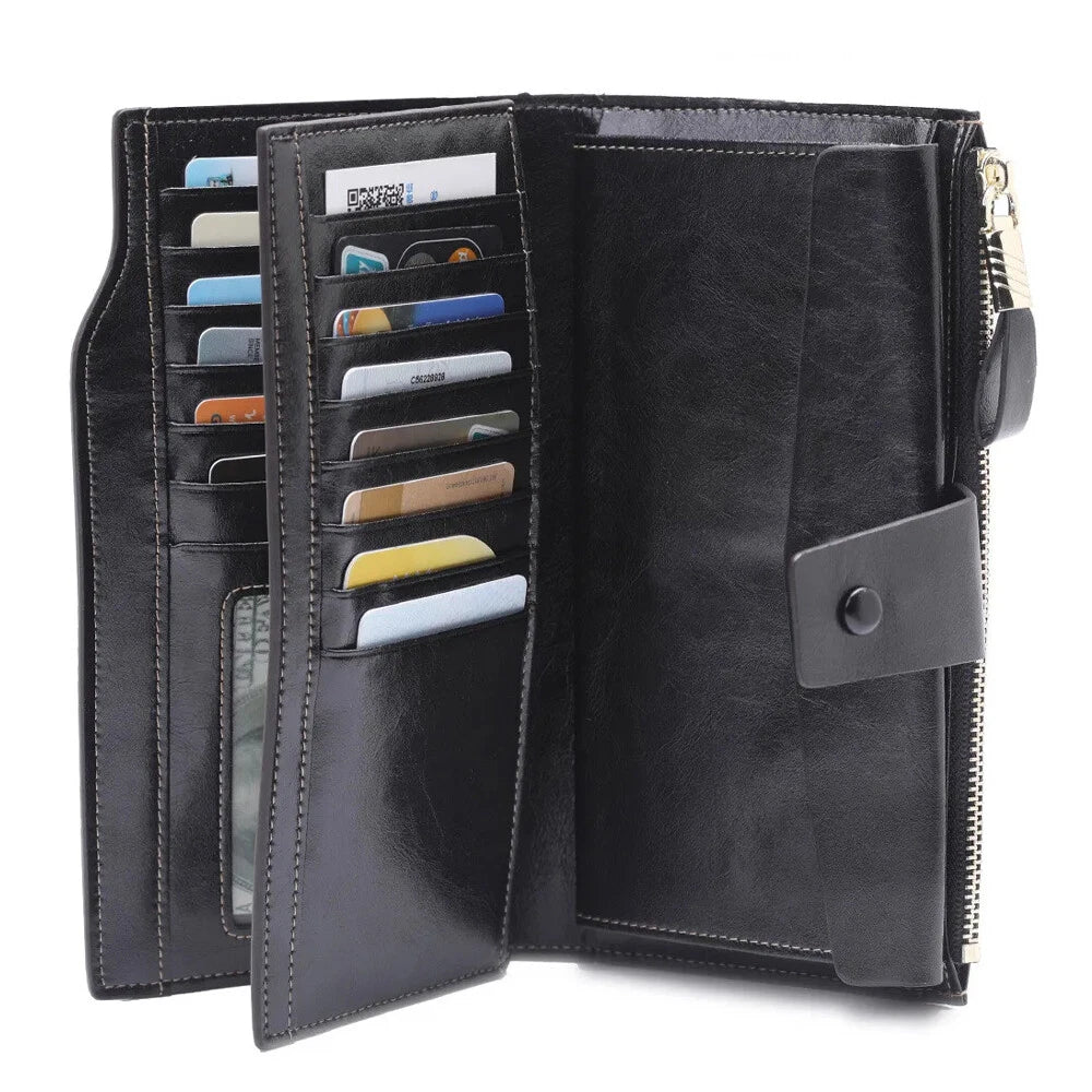 Leather Long Wallet for Women - RFID Blocking, Black