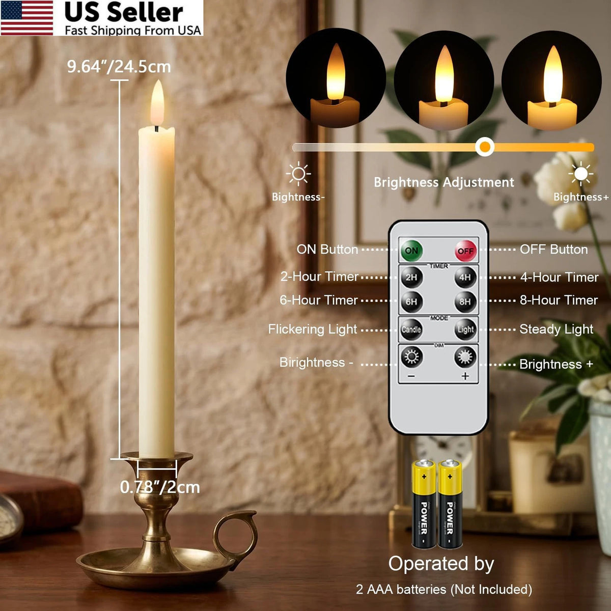 2X LED Taper Candles with Remote Timer for Home Decor (Ivory)