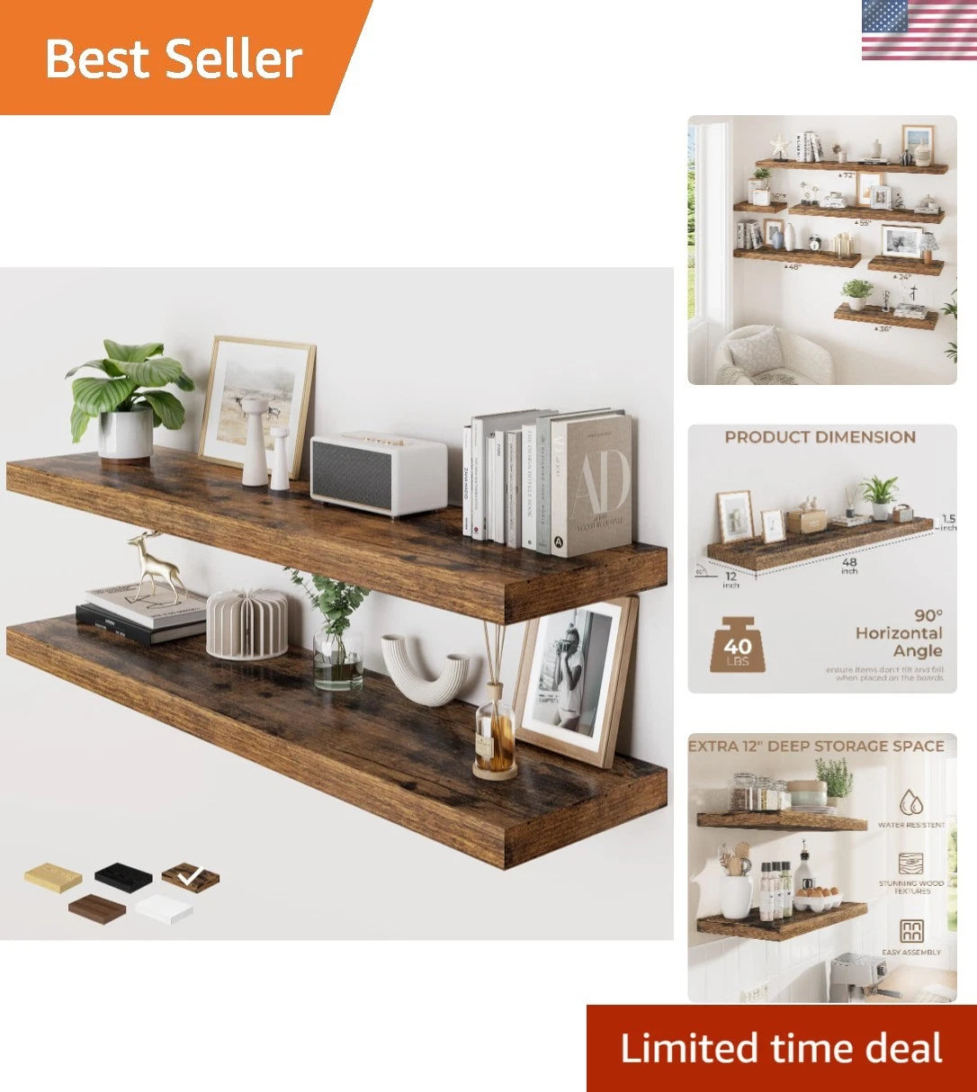 2-Pack Deep Floating Shelves 48'' for Home Organization