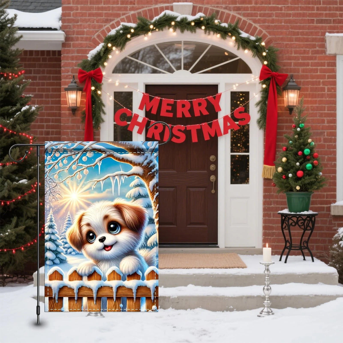 Winter Garden Flag 12x18 Inch Double-Sided Puppy on Snowy Fence