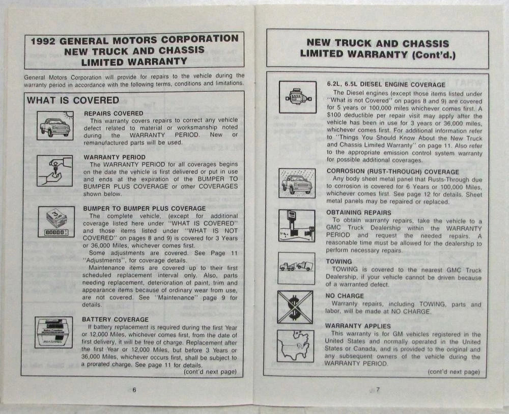 Warranty and Owner Assistance Information for GMC Truck and Chassis 1500-3500 (1992)
