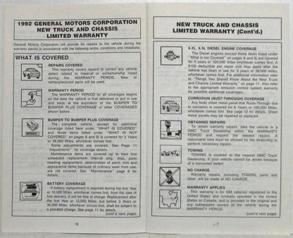 Warranty and Owner Assistance Information for GMC Truck and Chassis 1500-3500 (1992)
