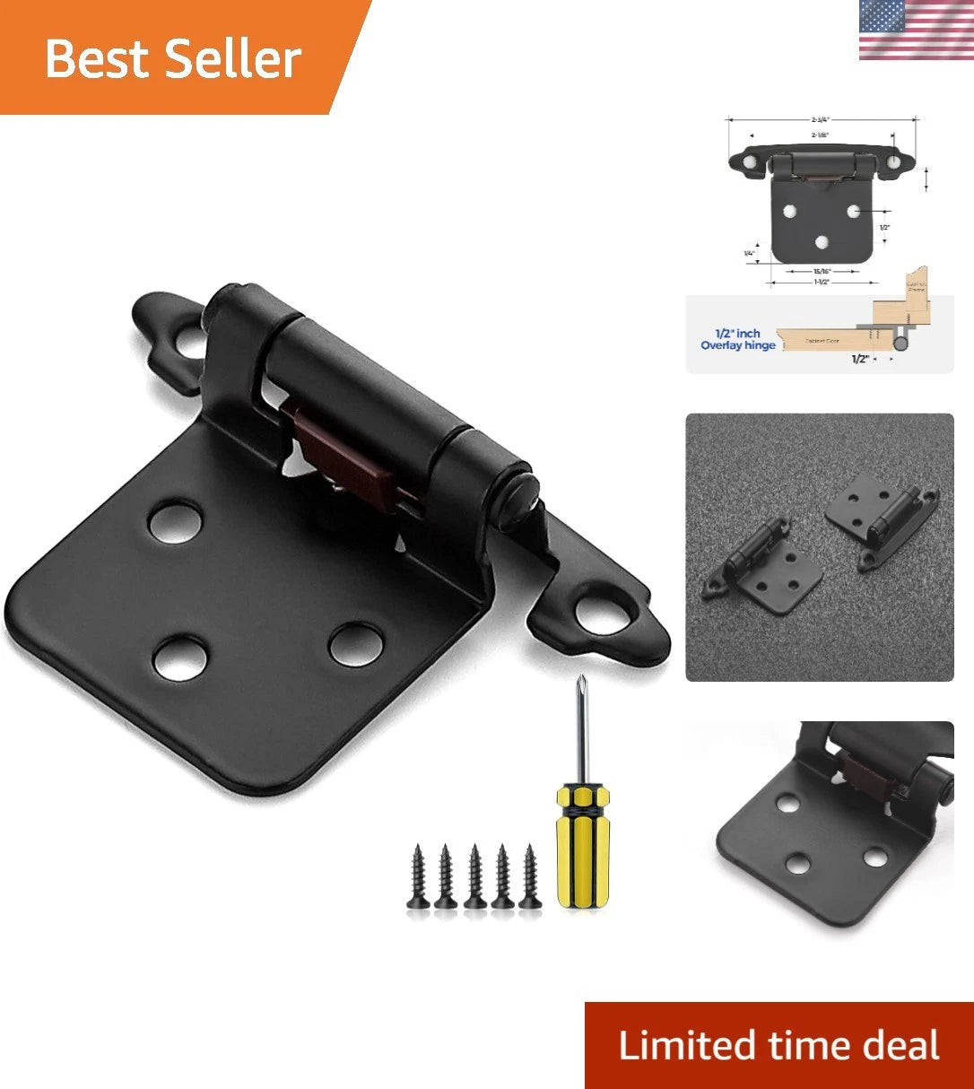 50 Pack 1/2" Overlay Black Cabinet Hinges - Easy Installation