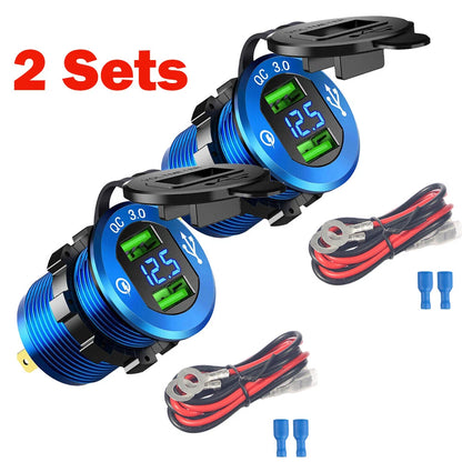 Set of 2 Dual USB Car Cigarette Lighter Socket with LED Voltmeter 12-24V