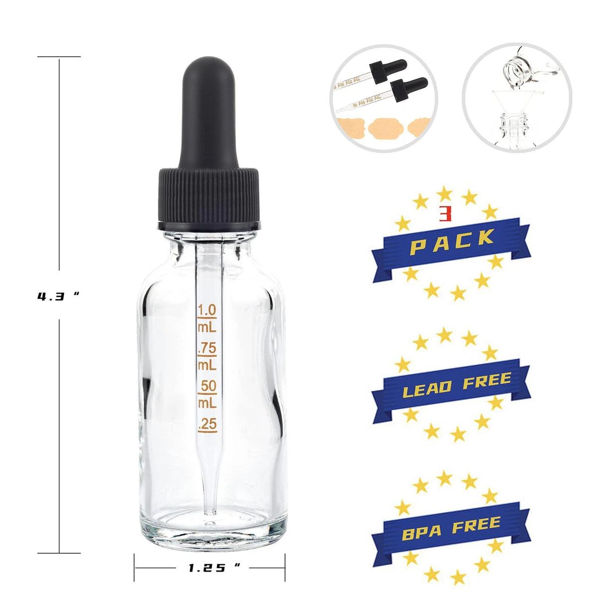 3 Pack 1oz Clear Glass Dropper Bottles
