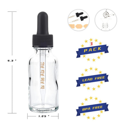 3 Pack 1oz Clear Glass Dropper Bottles
