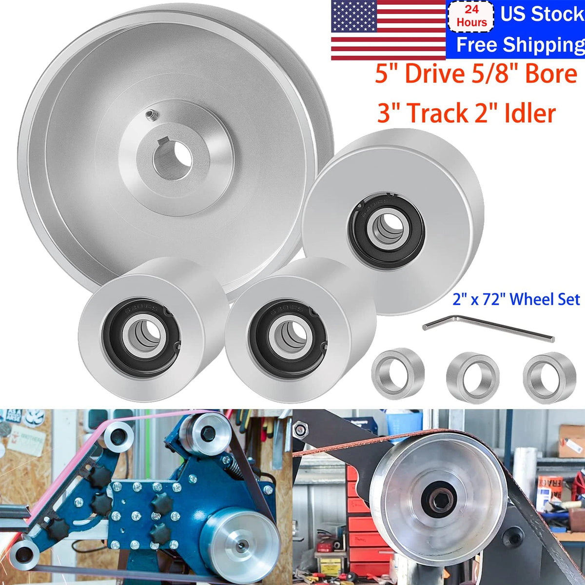 2X 2"x72" Wheels for Knife Grinder 5 Drive 5/8 Bore 3 Track 2 Idler