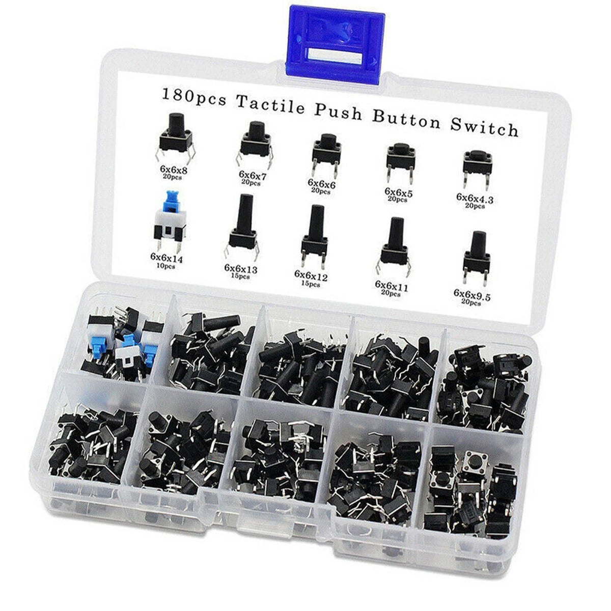 180pcs 4.3-14mm Tactile Push Button Switch Assortment
