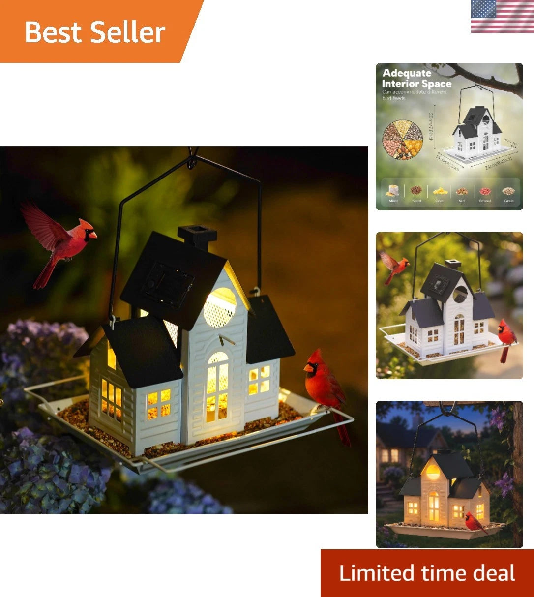 Durable Solar Bird Feeder with Windproof Hook for Round Use