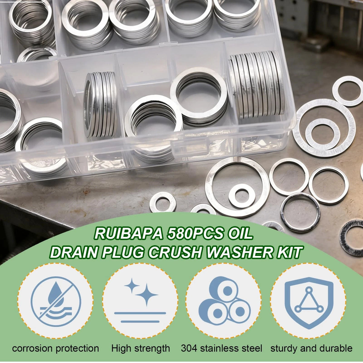 580PCS Oil Drain Plug Crush Washer Kit for (18 Sizes)