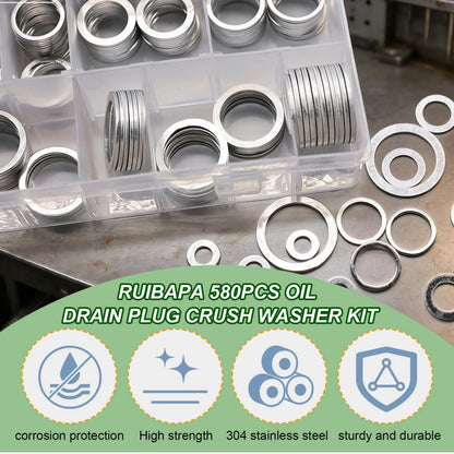 580PCS Oil Drain Plug Crush Washer Kit for (18 Sizes)