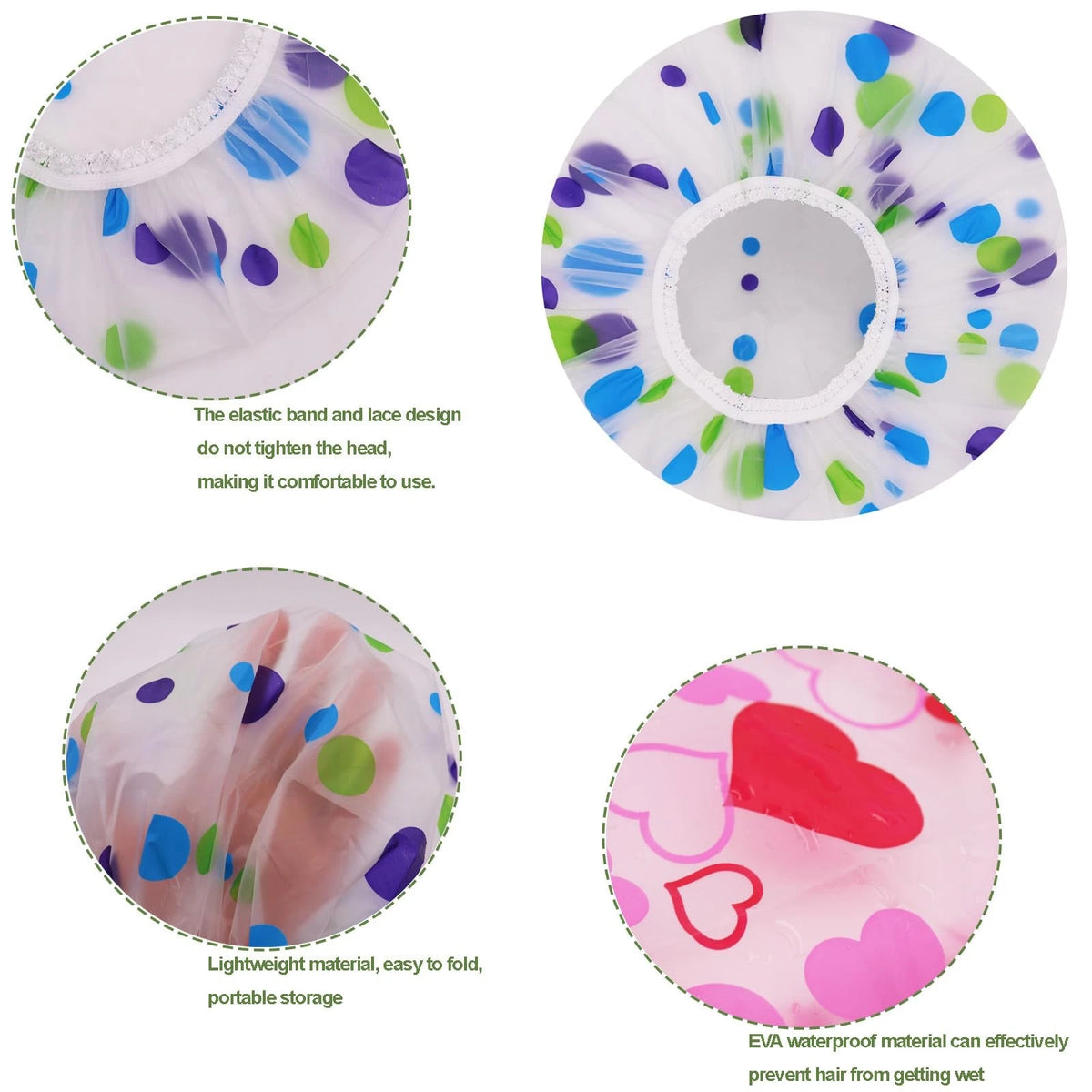 6 Pack Reusable Waterproof Shower Caps with Elastic Band 28cm