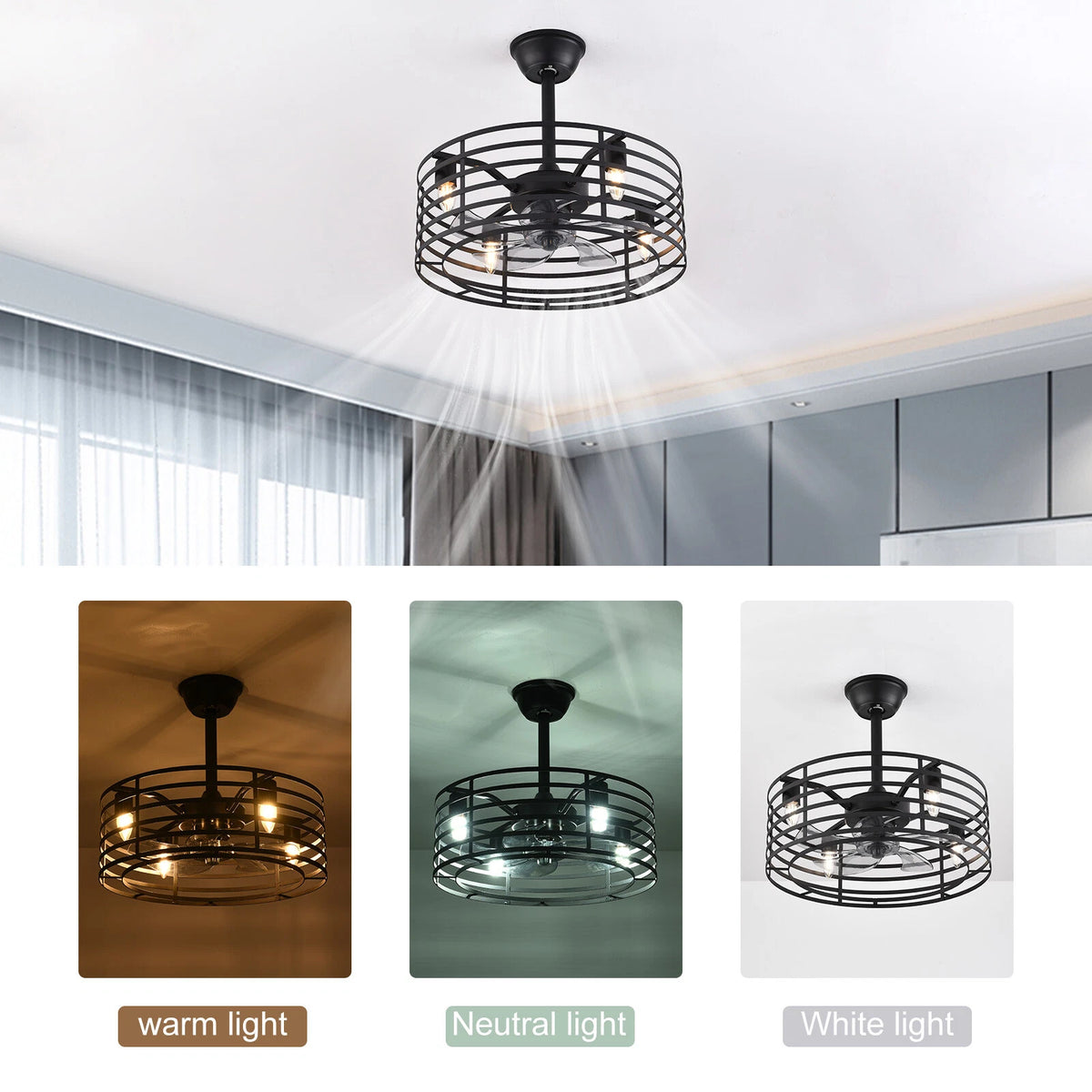 20" Rustic Caged Bladeless Ceiling Fan with Light Remote Control