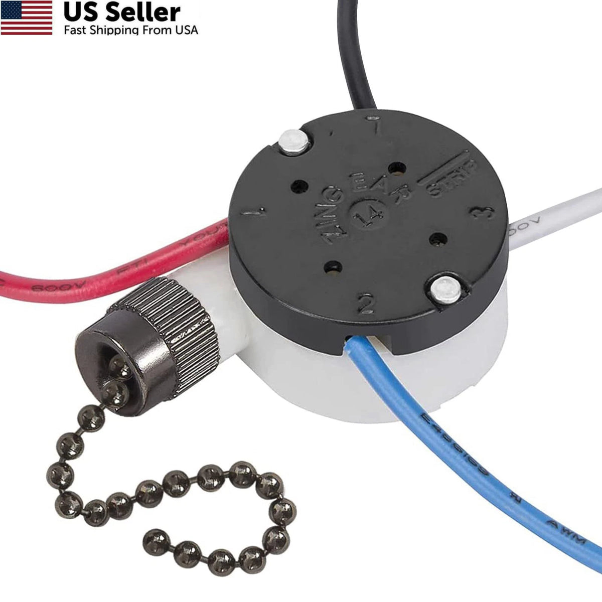 Ceiling Fan Switch Zing Ear ZE-208S 3 Speed 4 Wire Pull Black