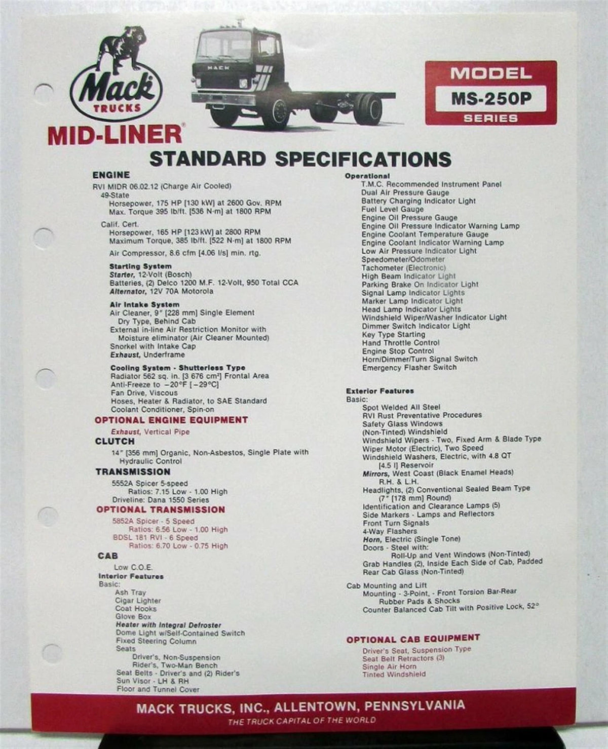 Specification Sheet for Mack Truck Model MS 250P (1986)