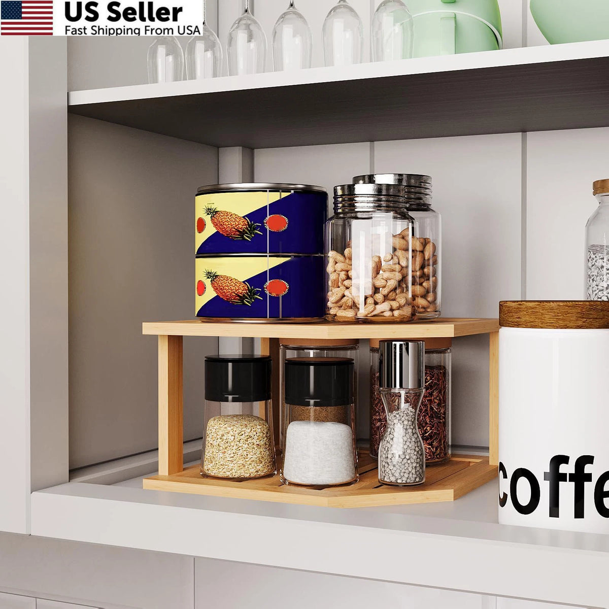 2-Tier Bamboo Corner Shelf for Plate Organizer (1 Pc)