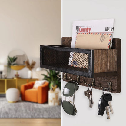 Mail and Key Holder for Wall - Wooden Mount Brown